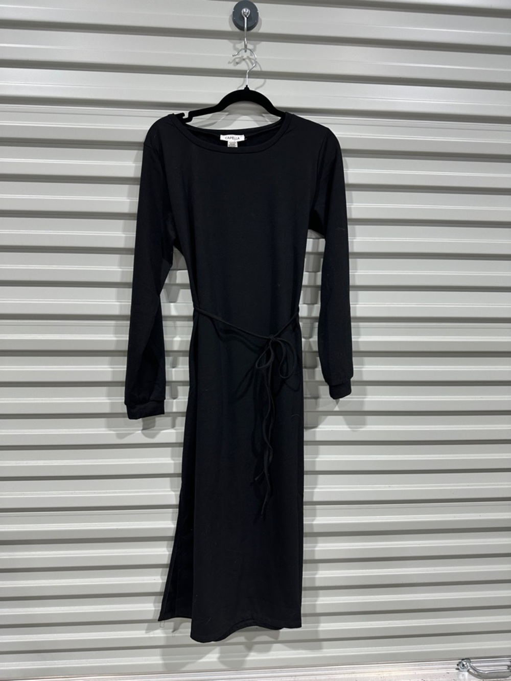 Long-Sleeve Black Midi Dress with Waist Tie